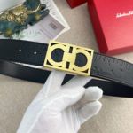 1:1 Ferragamo  Black Leather Belt  with Gold Logo buckle Square Buckle  3.8cm